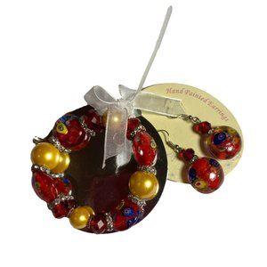 Buffalo Jewelry Stretch Bracelet Earrings Set Crystal Hand Painted Red Yellow